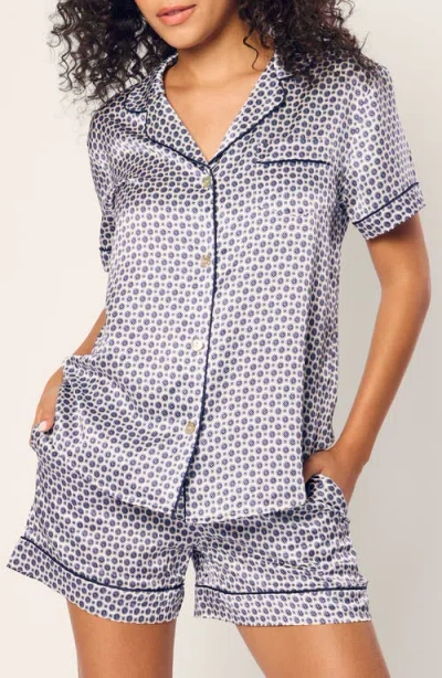 Petite Plume Print Silk Short Pajamas In Navy