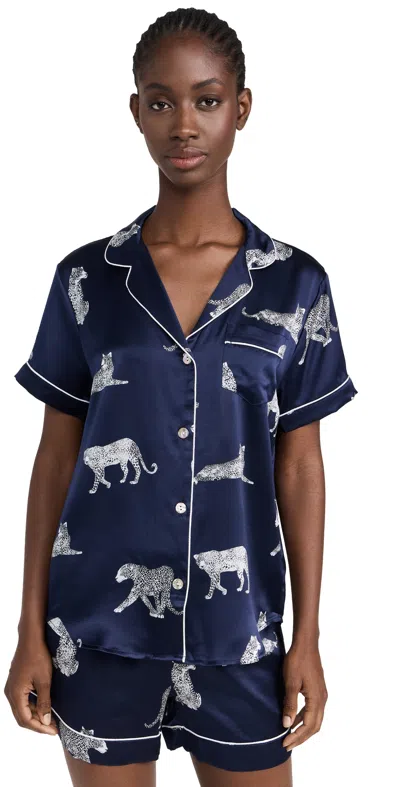 PETITE PLUME SILK PANTHERE DE NUIT CLASSIC SHORTS PAJAMA SET NAVY