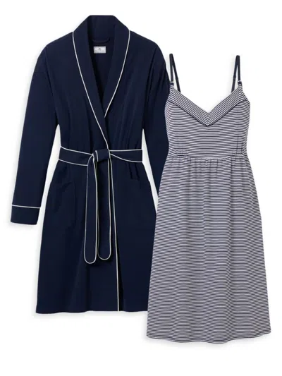 Petite Plume The Maternity Essential Striped Cotton Nightgown & Dressing Gown Set In Navy