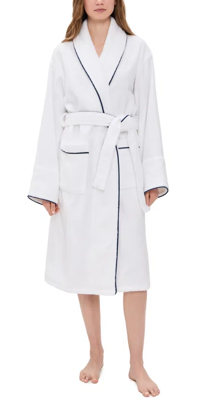 Petite Plume Unisex Luxe Terry Robe In White With Navy Piping White