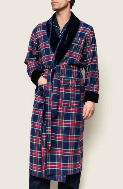 Petite Plume Windsor Plaid Cotton Flannel Robe With Velvet Shawl Collar In Gold
