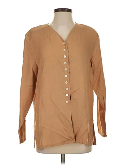 Pre-owned Petite Sophisticate Long Sleeve Silk Top Tan V Neck Tops In Brown