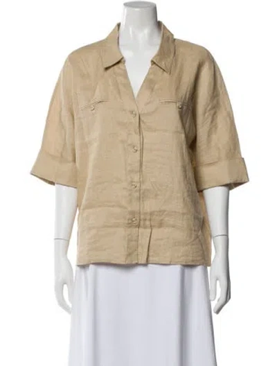 Pre-owned Petite Studio Nyc Linen V-neck Button-up Top In Neutral