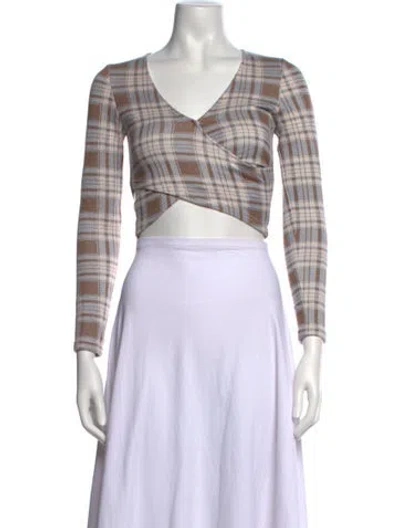 Pre-owned Petite Studio Nyc Plaid Print V-neck Crop Top In Brown