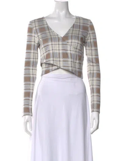Pre-owned Petite Studio Nyc Plaid Print V-neck Crop Top W/ Tags In Brown