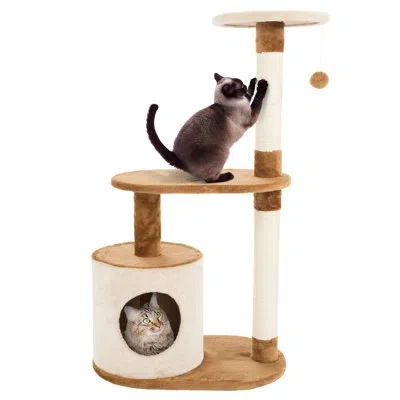 Petmaker 3-tier Cat Tree - 2 Napping Perches, Kitten Condo, 2 Sisal Rope Scratching Posts, And Hanging Toy -  In Brown;white