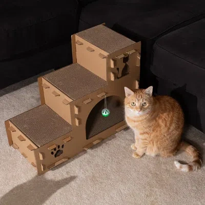 Petmaker Cat House - Cardboard Cat House With Scratching Pads, Toys, And Catnip - Multi-level Cat Houses For  In Brown