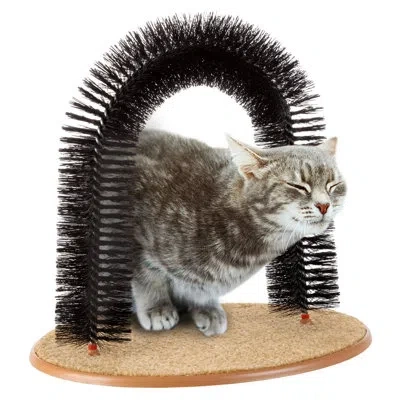 Petmaker Cat Self-groomer - Bristle Ring Brush Cat Arch With Carpeted Base, Back Scratcher And Massager For C In Black;tan