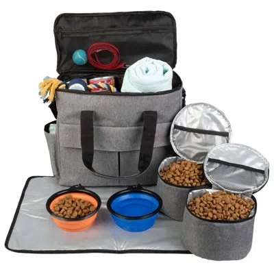Petmaker Dog Travel Bag - Cat And Dog Storage Organizer With Pockets, Mat, 2 Food Containers, And 2 Large Col In Gray