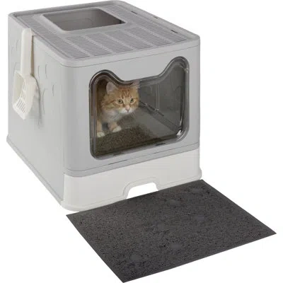 Petmaker Enclosed Cat Litter Box - Foldable Litterbox With Lid, Cat Scoop, Mat, And Pull-out Drawer For Easy  In Gray