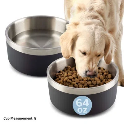 Petmaker Set Of 2 Stainless Steel Dog Bowls - 64oz Double Wall Insulated Food And Water Bowls For Dogs And Ca In Black