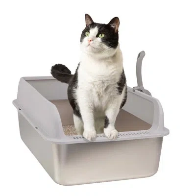 Petmaker Stainless Steel Cat Litter Box With Lid - Large Litter Box With High Sides And Scoop Included - Easy In Silver