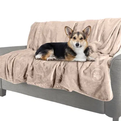 Petmaker Waterproof Dog Blanket Reversible Sherpa Dog Blanket For Couch, Bed, Or Car - Protects From Spills,  In Tan,embroidered Paw Design