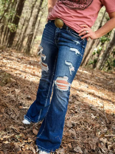 Petra153 Destroyed Mid Rise Stretch Flare Jeans In Denim In Blue