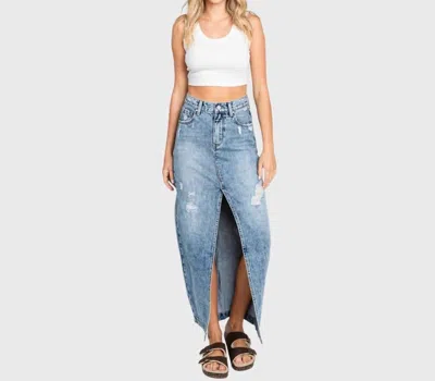 Petra153 Destroyed Rigid Maxi Skirt With Split Hem In Medium In Blue