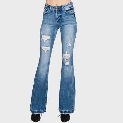 Petra153 Distressed Mid Rise Flare Jeans In Piper In Blue