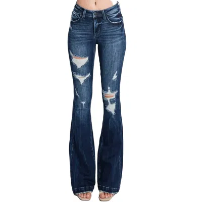 Petra153 Katie Mid Rise Stretch Flare With Trouser Hem In Dark Wash In Blue