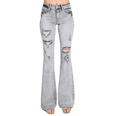 Petra153 Kelly Mid Rise Stretch Flare Jean With Trouser Hem In Grey Acid Wash In Multi