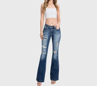 Petra153 Megan Petite Destroyed Mid Rise Stretch Flare Jean With Patch In Blue