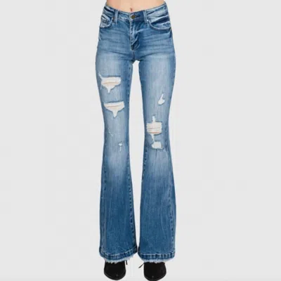 Petra153 Mid Rise Stretch Flare Jeans In Medium Wash In Blue