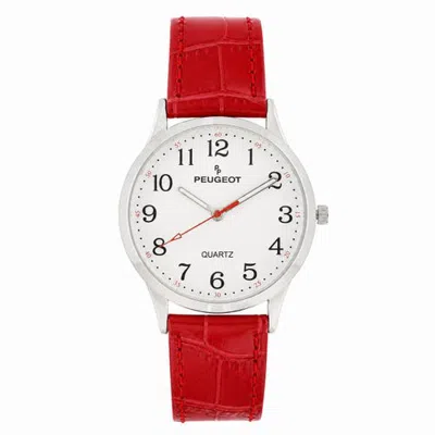 Peugeot Easy Read Large Face Leather Watch- 40mm In Red