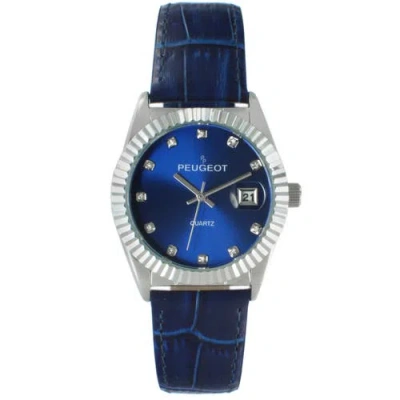 Peugeot Luxury Fluted Bezel Calendar Leather Watch In Blue