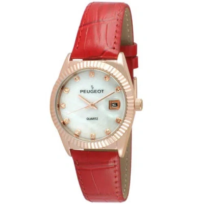Peugeot Luxury Fluted Bezel Calendar Leather Watch In Red