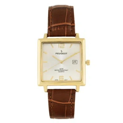 Peugeot Modern Square Calendar Leather Watch In Brown