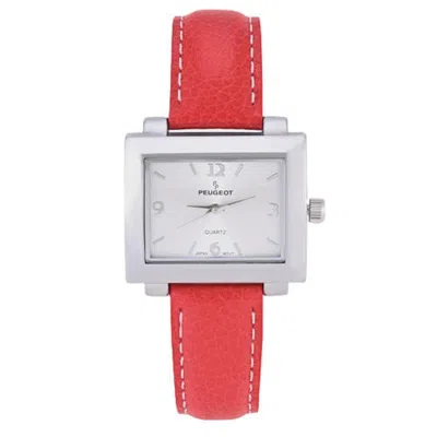 Peugeot Rectangular Easy Read Leather Watch In Red