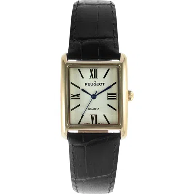 Peugeot Roma Tank Leather Strap Watch In Black