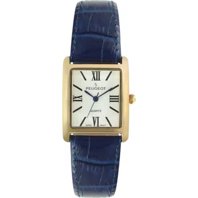 Peugeot Roma Tank Leather Strap Watch In Blue