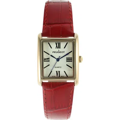 Peugeot Roma Tank Leather Strap Watch In Red