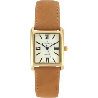 Peugeot Roma Tank Leather Strap Watch In Suede Brown