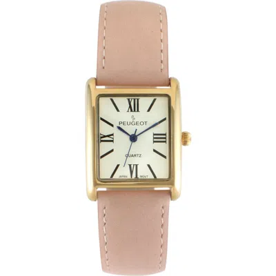 Peugeot Roma Tank Leather Strap Watch In Suede Pink