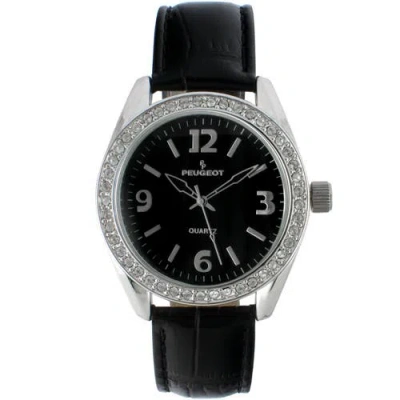 Peugeot Round Crystal Accented Bezel Leather Watch In Black