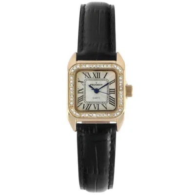 Peugeot Status Square Crystal Bezel Leather Watch In Black