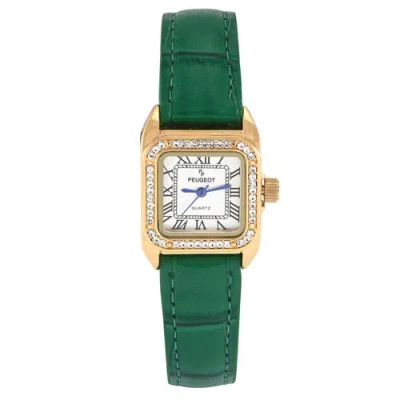 Peugeot Status Square Crystal Bezel Leather Watch In Green