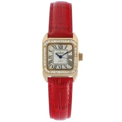 Peugeot Status Square Crystal Bezel Leather Watch In Red