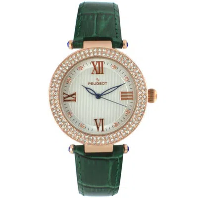 Peugeot Stylish Crystal Bezel Textured Dial Leather Watch- 38mm In Green