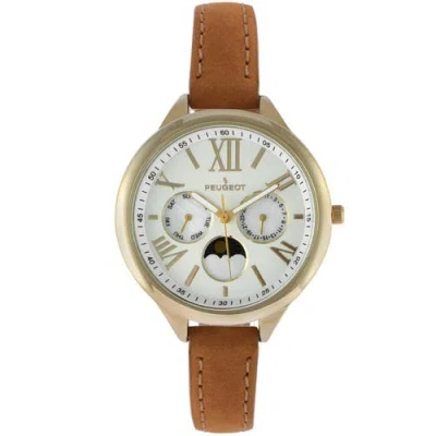 Peugeot Sun Moon Multi Function Suede Strap Watch In Brown