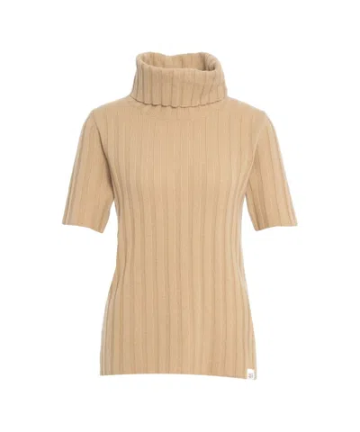 Peuterey Beige Ribbed Wool Knitwear With Cozy Turtleneck And Short Sleeves In Brown