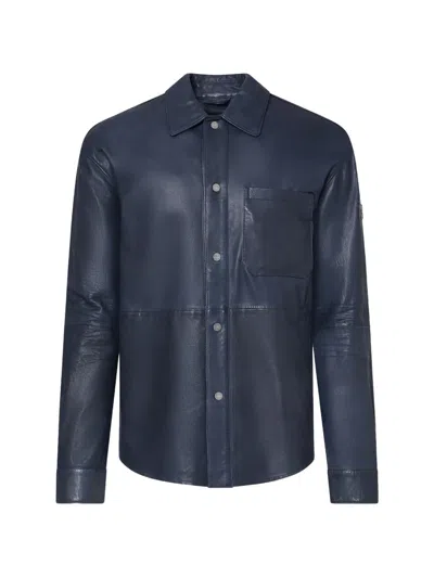 Peuterey Chest-pocket Leather Overshirt In Blue