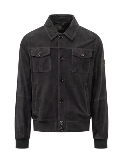 Peuterey Dark Blue Solid Shirt Collar Jacket In Black