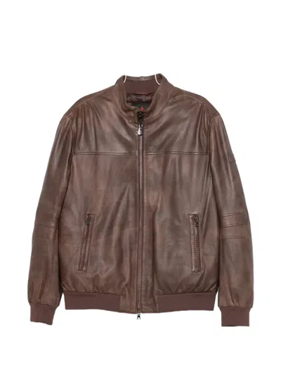 Peuterey Brown Vintage-effect Leather Bomber Jacket With Ribbed Details