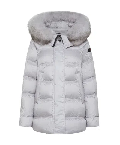 PEUTEREY PEUTEREY GREY POLYESTER PUFFER JACKET WITH FOX FUR TRIM