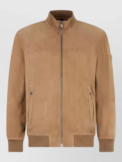 Peuterey High Collar Jacket Ribbed Cuffs Pockets In Brown