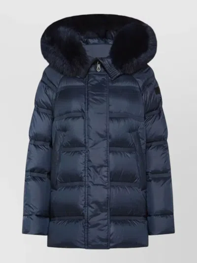 Peuterey Hooded Jacket Fur Trim Long Quilted Pockets In Blue