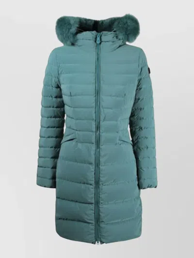 Peuterey Hooded Long Coat Fur Trim Quilted Pockets In Green