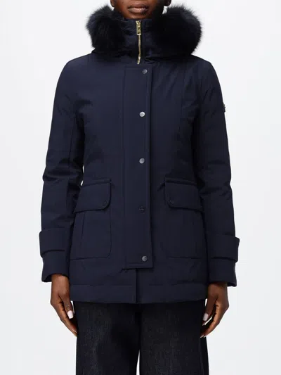 Peuterey Knee-length Polyester Parka With Shearling Hood And Applied Logo In Blue