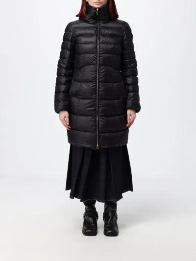 Peuterey Knee-length Quilted Nylon Down Jacket With Hood And Slit Pockets In Black